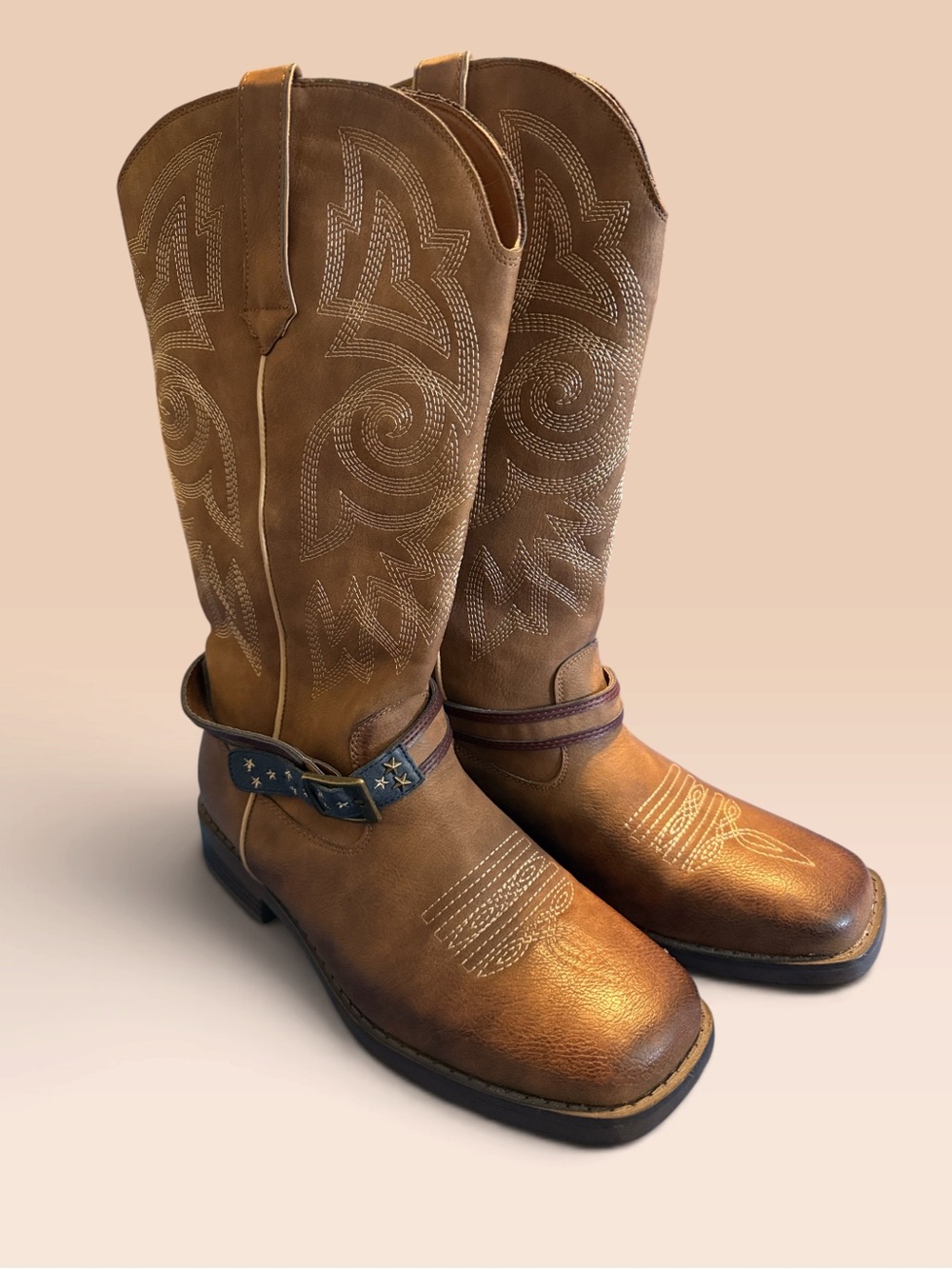 Men's 8 1/2 or Women’s 9 1/2 Brown Western Harness Boots with Star-Studded Strap
